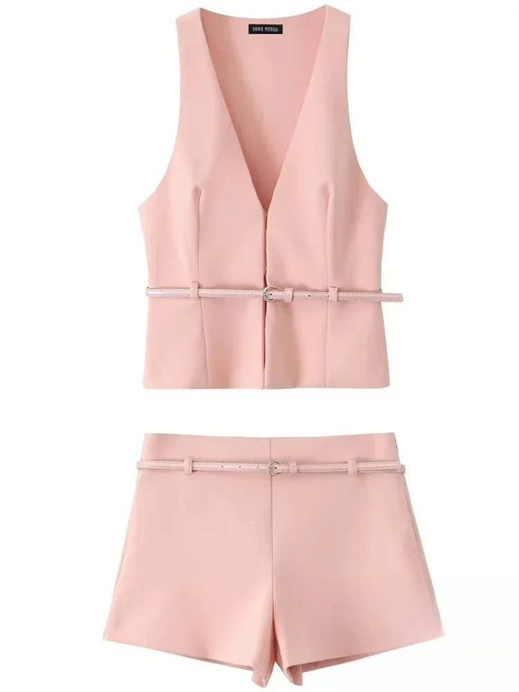 KONDALA Vintage Chic Solide Frauen Anzug V-ausschnitt Ärmellose Schärpen Weste Blazer Gerade Shorts Neue Mode 2025, Sommer Büro Sets