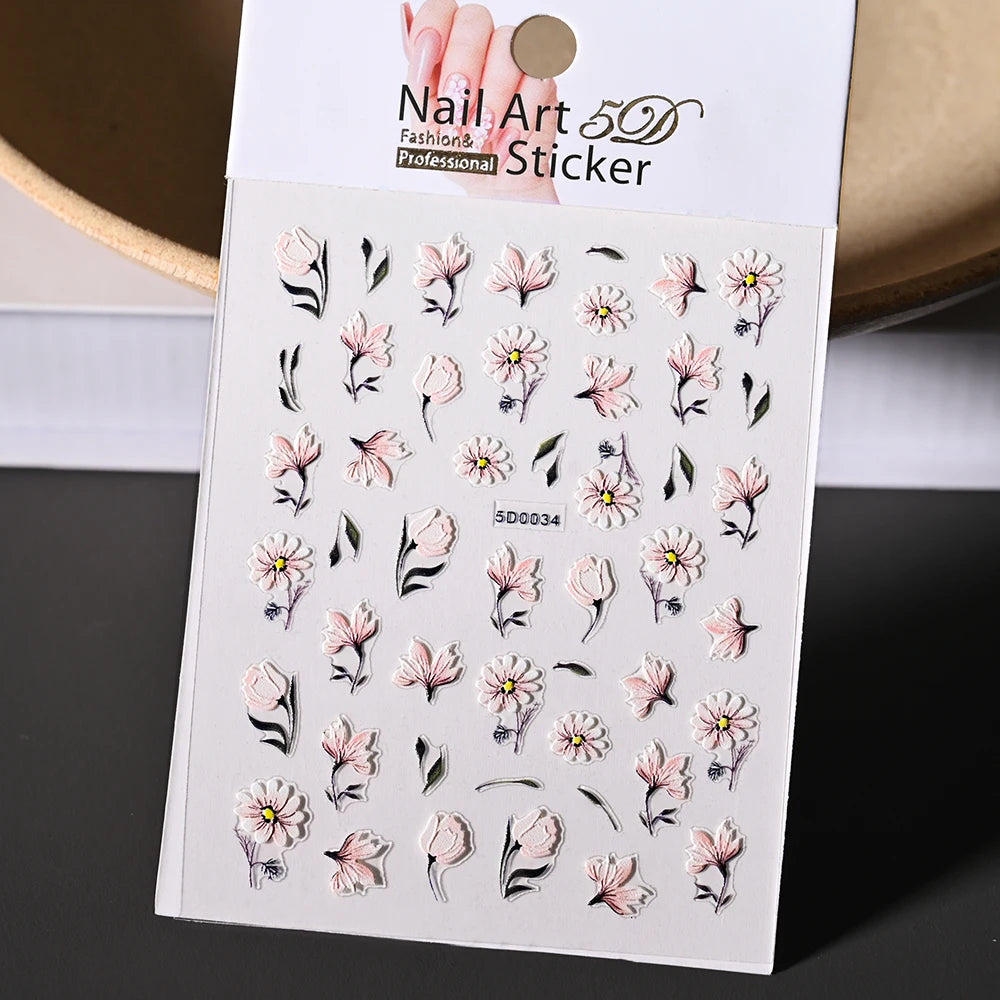 1 stücke 5D Nette Bunte Gänseblümchen Nail art Aufkleber Frühling Blumen Tulpe Weiß Gänseblümchen Nagel Aufkleber Sommer Blüte Floral Maniküre decora