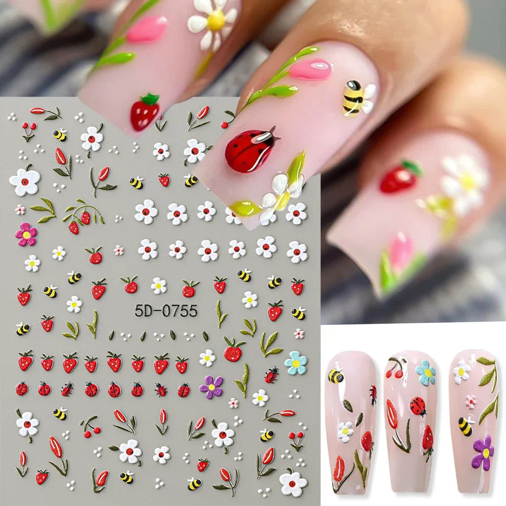 Neue 5D Süße Marienkäfer-Blumen-Nagelaufkleber Geprägte Kawaii Biene Gänseblümchen Kirschblüten Nagelsticker DIY Frühling Insekten Nagelkunst Deko