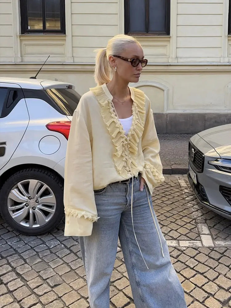 HH Frauen Rüschen Spitze-up Bluse Rock Set Langarm V-ausschnitt Hemd Plissee Midi Rock Mode Dame High Street gelb Outfit
