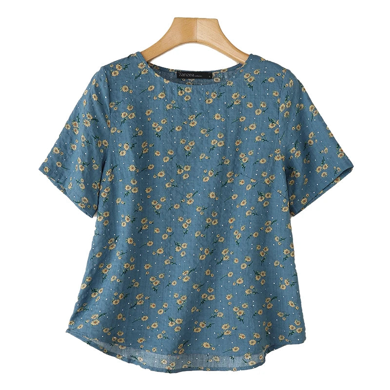 2026 ZANZEA Sommer Bedruckte Bluse Damen Lässige Halbarm-Blumen-Tunika-Oberteile O-Ausschnitt Arbeitshemd Bohemian Loose Fit Urlaubsblusen