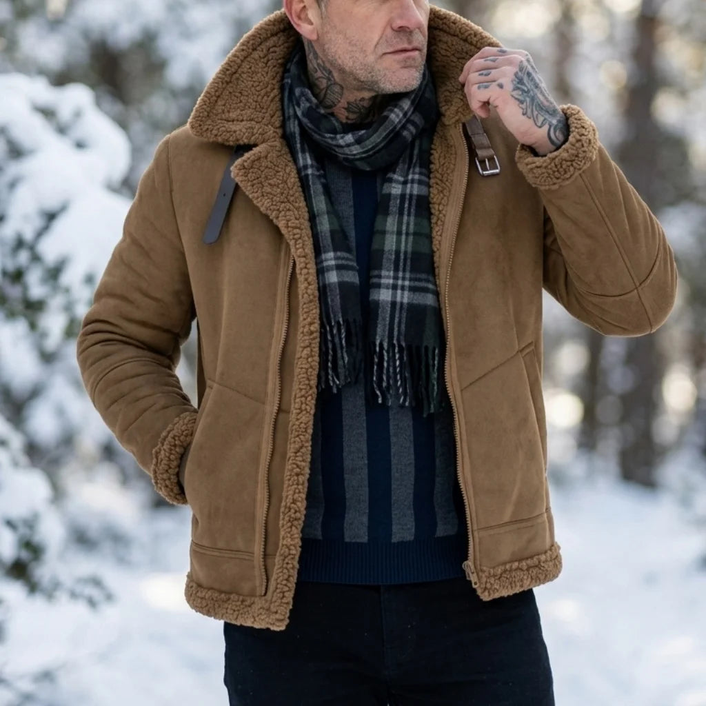 Herren-Winterjacke aus Kunstwildleder mit Fellkragen |   Winddichter Streetwear-Mantel mit Gürtel und Reißverschluss |   Dicke, warme Wanderkleidung für den Außenbereich, weich, für Herren