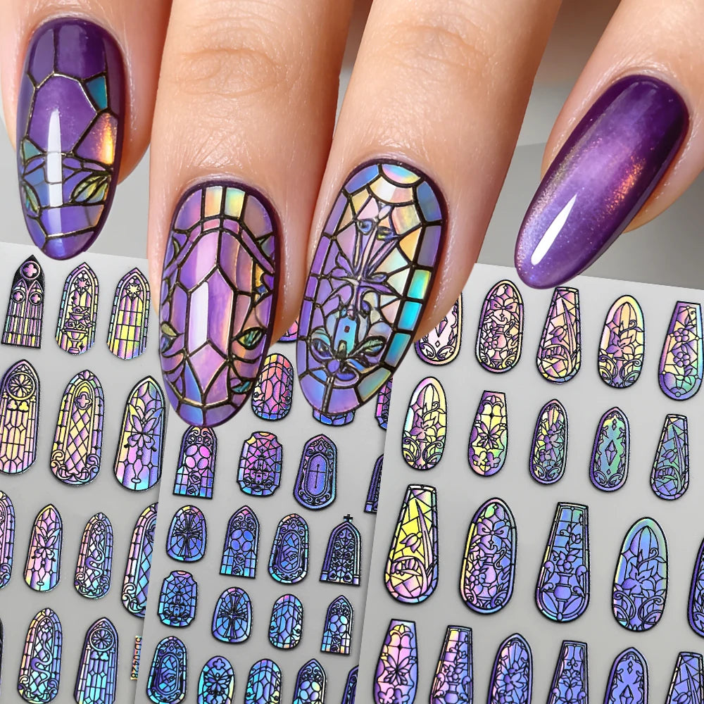 1/3 Stück 5D Aurora Buntglas-Nagelaufkleber Buntes Fenster-Rokoko-Blumenmuster Nagelkunst-Aufkleber DIY Maniküre Gotische Dekoration