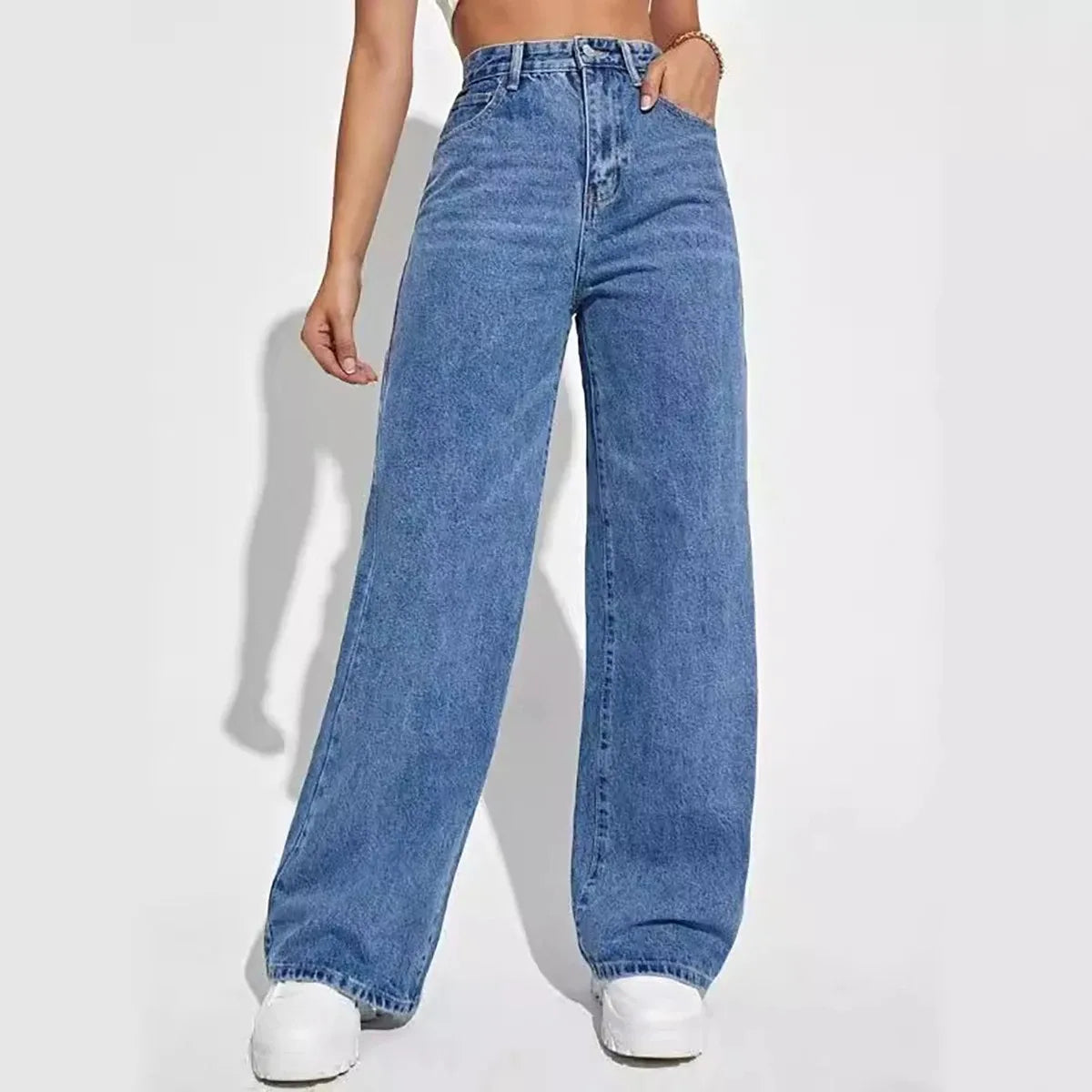 Mode Retro Blue Jeans Damen Y2K High Street Baggy gerade Hose Hoch taillierte All-in-One-dünne Hose