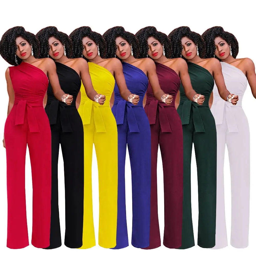 Damen-Overall, einfarbig, Skew-Kragen, bauchfreies Top, gerade Hosen, Gürtel, sexy, ärmellos, lockere Hosen, elegante, charmante Playsuits 2024