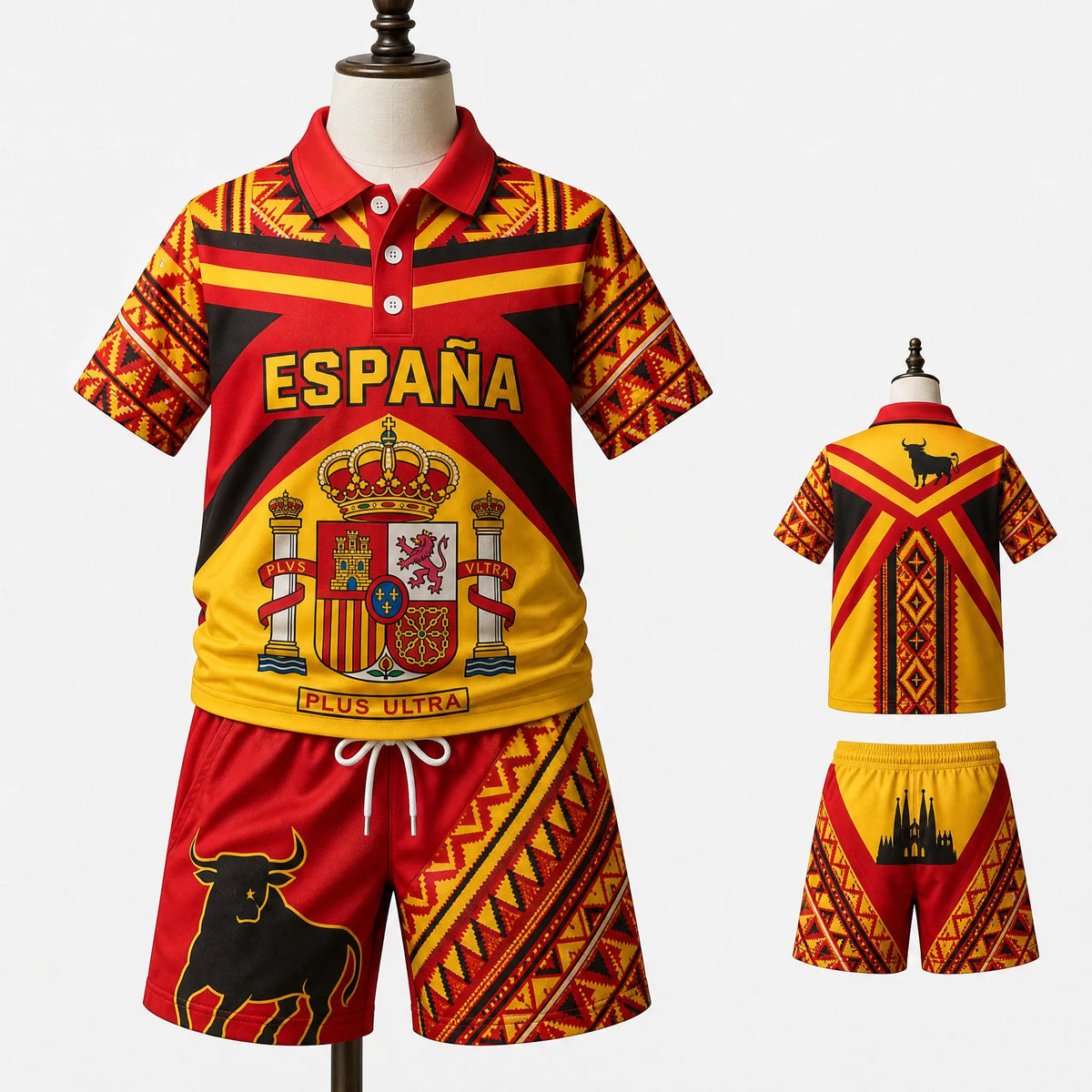 Kinder Spanien Polo-Shirt und Shorts Set für Jungen und Mädchen, Passendes Sommer-Outfit in Rot-Schwarz mit Wappen und Stier-Grafik, Lässiges Reise- und Urlaubsoutfit