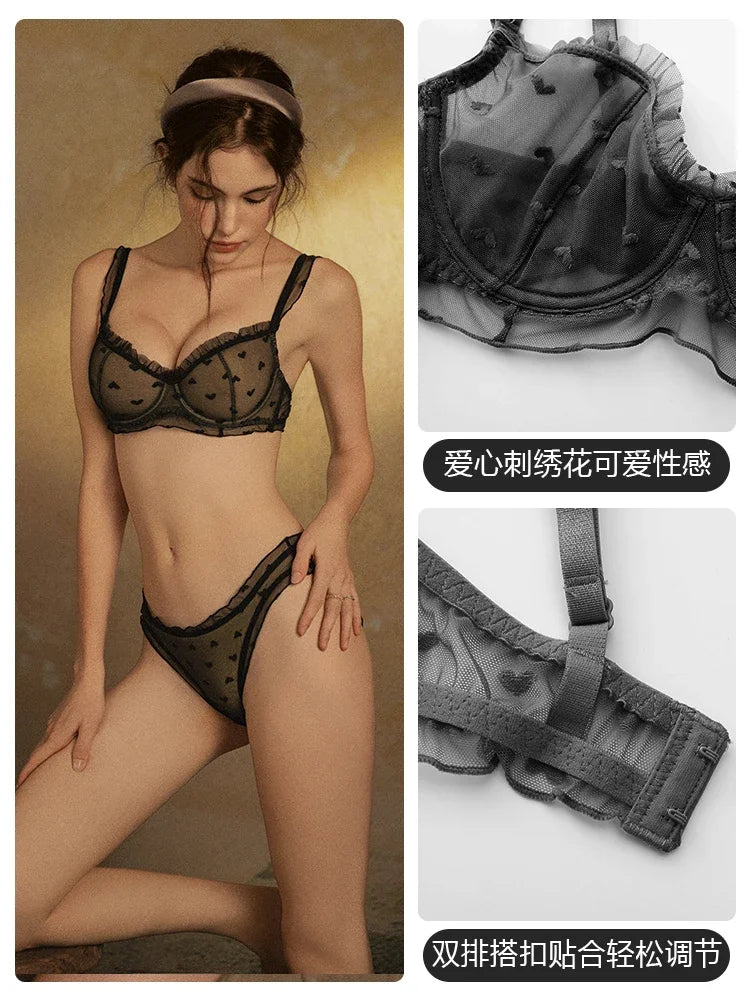 YUQI Französisches Dienstmädchen-Dessous-Set, sexy Spitzenunterwäsche, herzförmiger Push-up-BH mit Stahlringen, Anti-Durchhang-Büstenunterstützung für Damen
