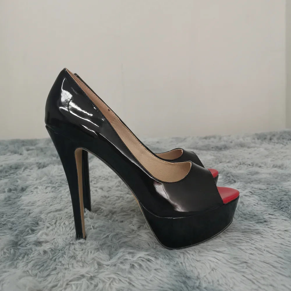LOSLANDIFEN Frauen Pumpen Sexy Peep Toe Plattform 14 cm Super High Heels Patent Leder Schuhe Rot Hochzeit Stilettos Große Größe 44