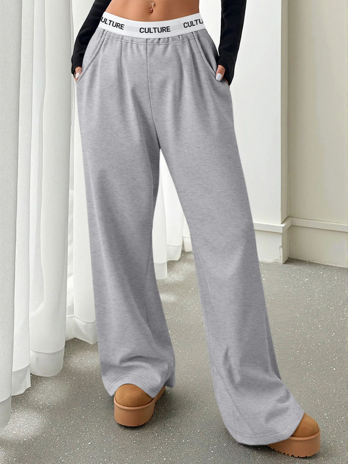 Damen-Jogginghose mit weitem Bein, 4 Farben, elastische Taille, „KULTUR“-Bund, bequeme Freizeithose