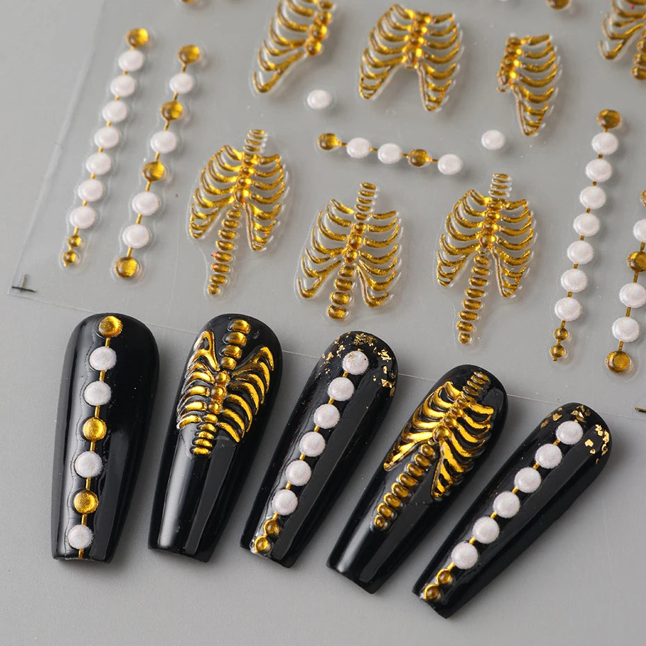 1/2 Stück 5D Skelett Rose Weiße Perle Nail Art Aufkleber Eleganter Modestil Gold Roségold Farben DIY Maniküre Dekoration Tipps