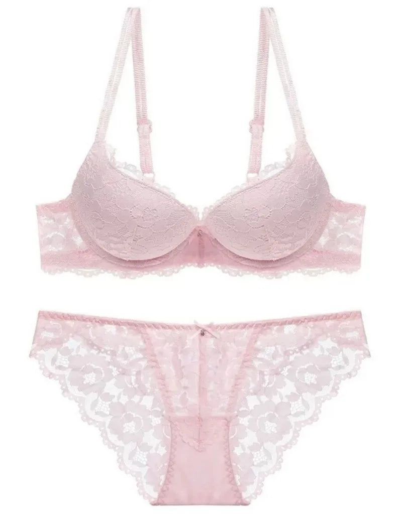 Sexy Spitzen-Blumen-Damenunterwäsche-Set mit Doppelträgern, Push-Up BH und Transparenten Sexy Slips