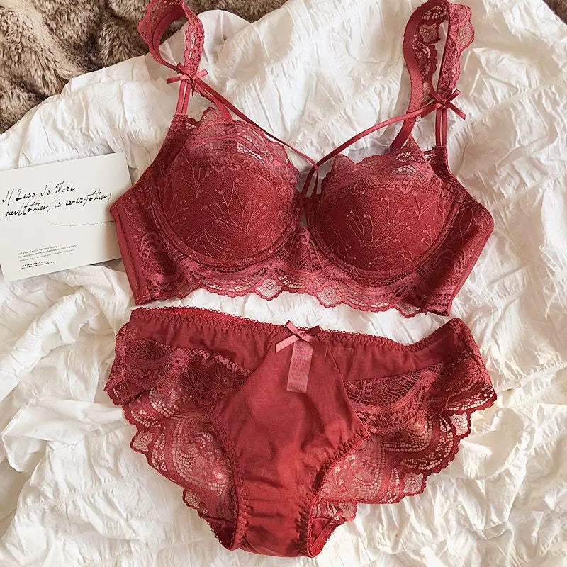 MOYISU Sexy Spitzen-Bralette-Set, kleine Brüste, französisches Design, abnehmbare Träger mit dünnen Push-Up-Pads, weiche Bügel-BH-Abdeckung, Oberteil AB