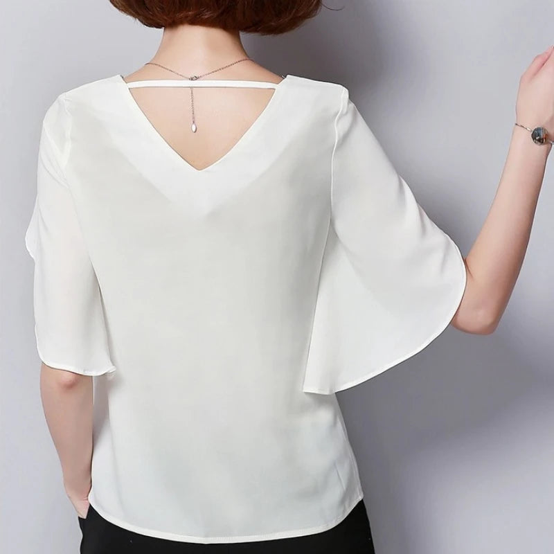 Sommer Damen Chiffon Bluse mit Lotusblatt-Ärmeln