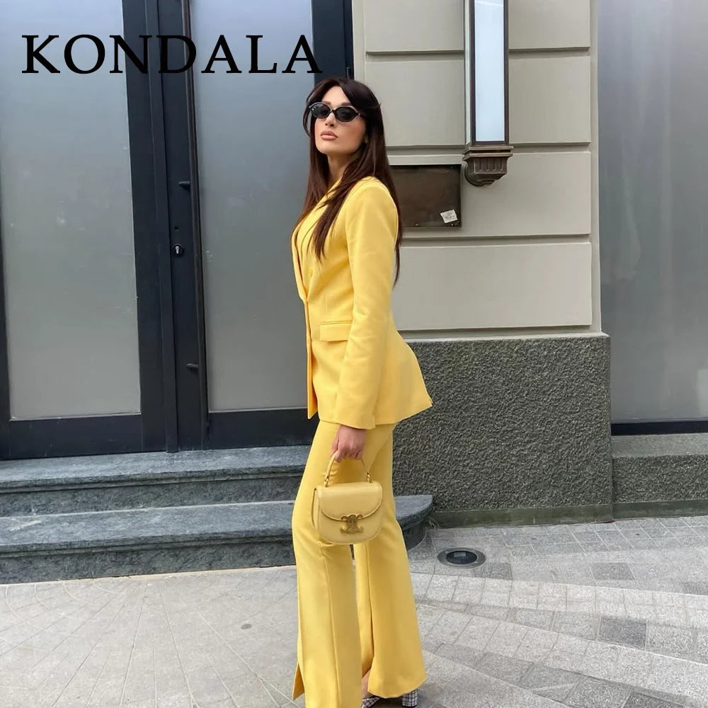 KONDALA 2025 Herbst Winter Butter Gelb Büro Dame Anzüge Mode Zweireiher Shrug Turndown Kragen Blazer Chic Feste Hosen