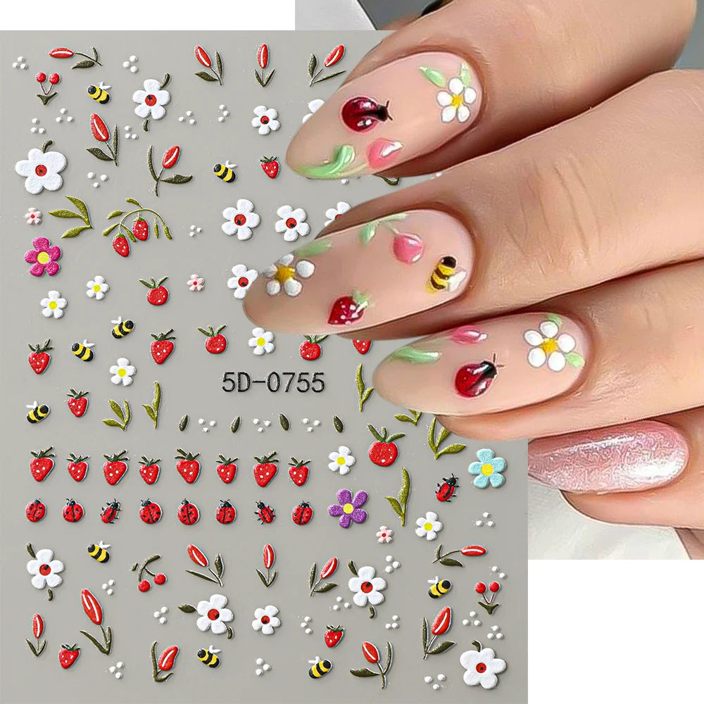 1 Stück 5D geprägte Marienkäfer-Nagelkunst-Sticker, weiße geschnitzte Blumen-Nagelaufkleber, Sommer-Marienkäfer-/Blumen-Selbstklebende Maniküre-Slider