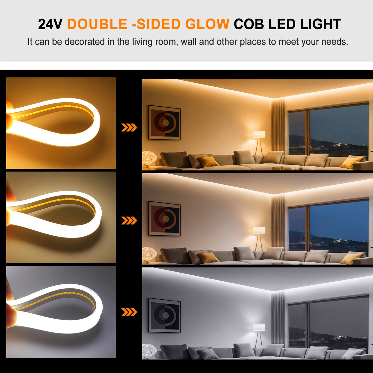 24V Solar COB LED Neonstreifen, doppelseitig leuchtend, 320 LEDs/m, wasserdicht, flexible Neonlampe, Innen- und Außenbereich, lineare Beleuchtung, 1M-10M