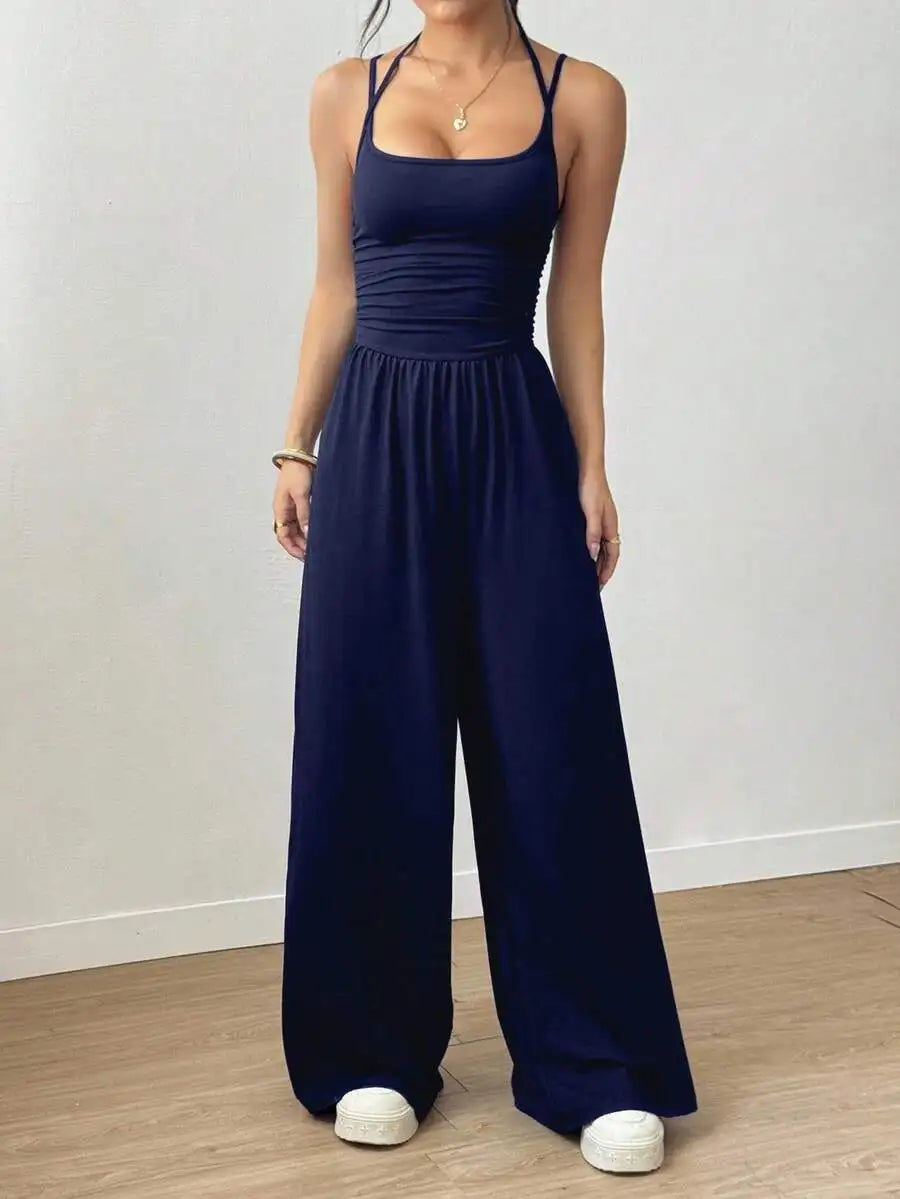 Damen Sommer Schwarzer Lässiger Jumpsuit mit Verstellbarem Neckholder-Ausschnitt, Plissiert, Locker Geschnitten, Gerades Bein, Casual-Outfit für Frauen