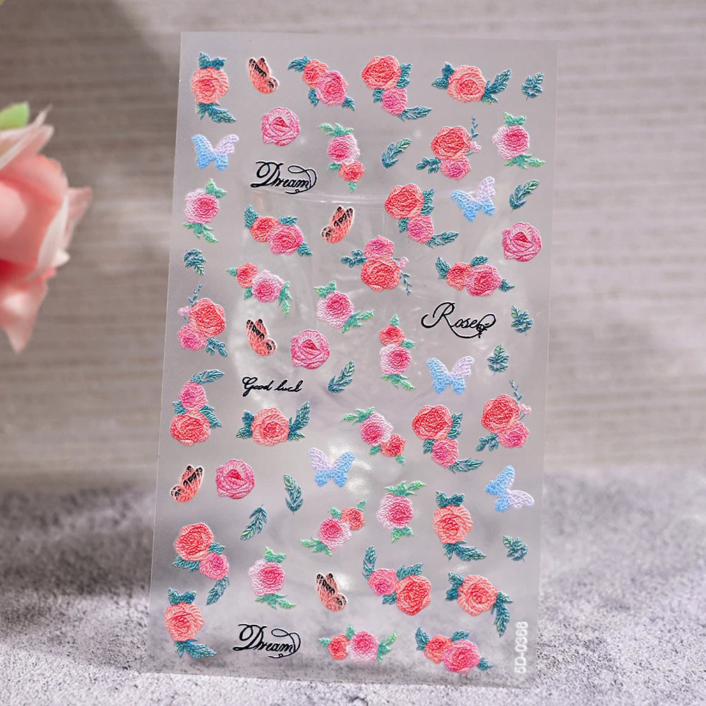 1 Stück 5D geprägte Lavendelblume Nagelaufkleber Frühling Blumenblätter selbstklebende Schieber Rose Schmetterling Aufkleber Maniküre Dekoration
