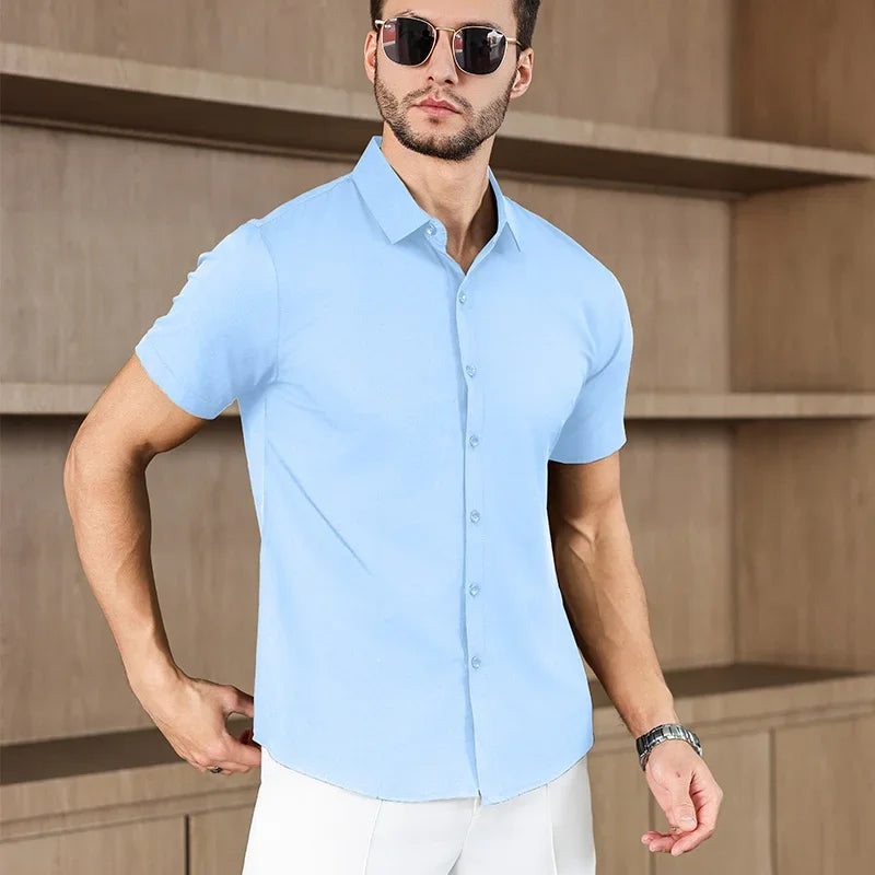 Neues Herren-Business-Casual-Hemd mit kurzen Ärmeln, einfarbig, für Sommermode, ohne Bügeln, bequemes und vielseitiges Oberteil