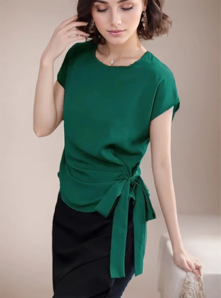 Frauen Frühling Sommer Stil Blusen Hemden Dame lässig O-Ausschnitt Kurzarm Fliege Dekor Blusas Tops