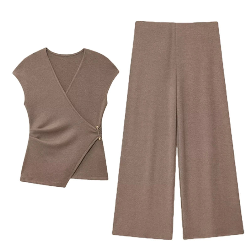 Damenanzug mit V-Ausschnitt Weste & Weite Hosen Set Elastische Taille Lockere Hosen für Damen 2026 Neu Elegantes Lässiges 2-Teiliges Set