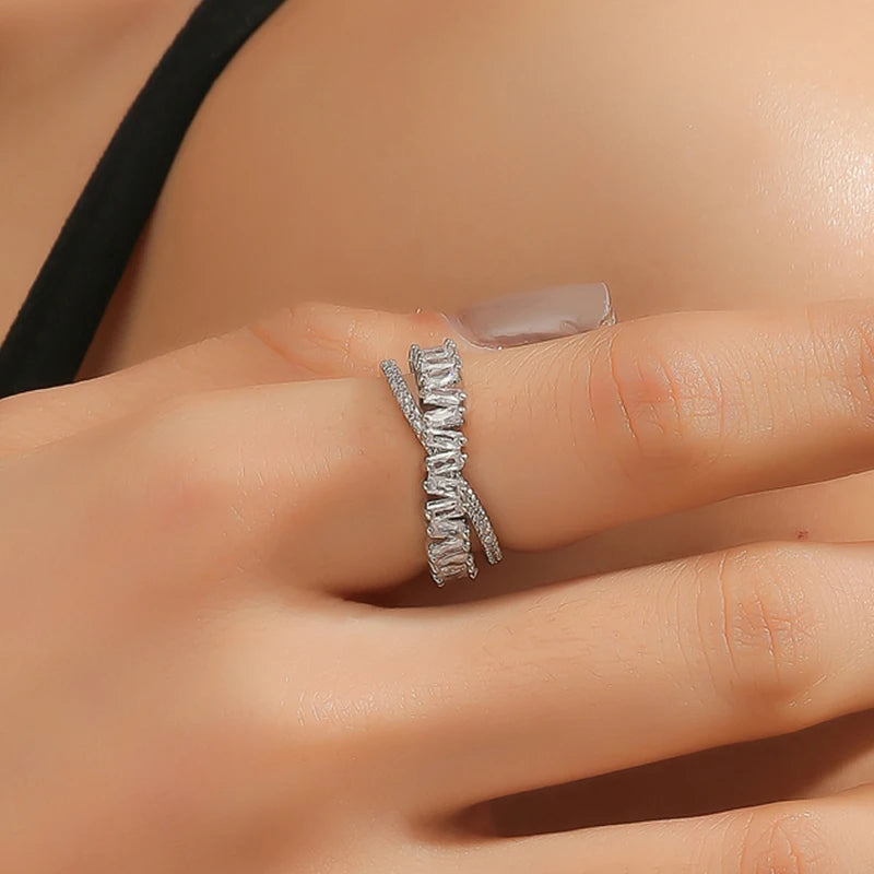 Luxus Zirkon Shiny Chic Resizable Doppel Student Öffnung Ringe für Frau Silber Farbe Gothic Finger Schmuck Hochzeit Party