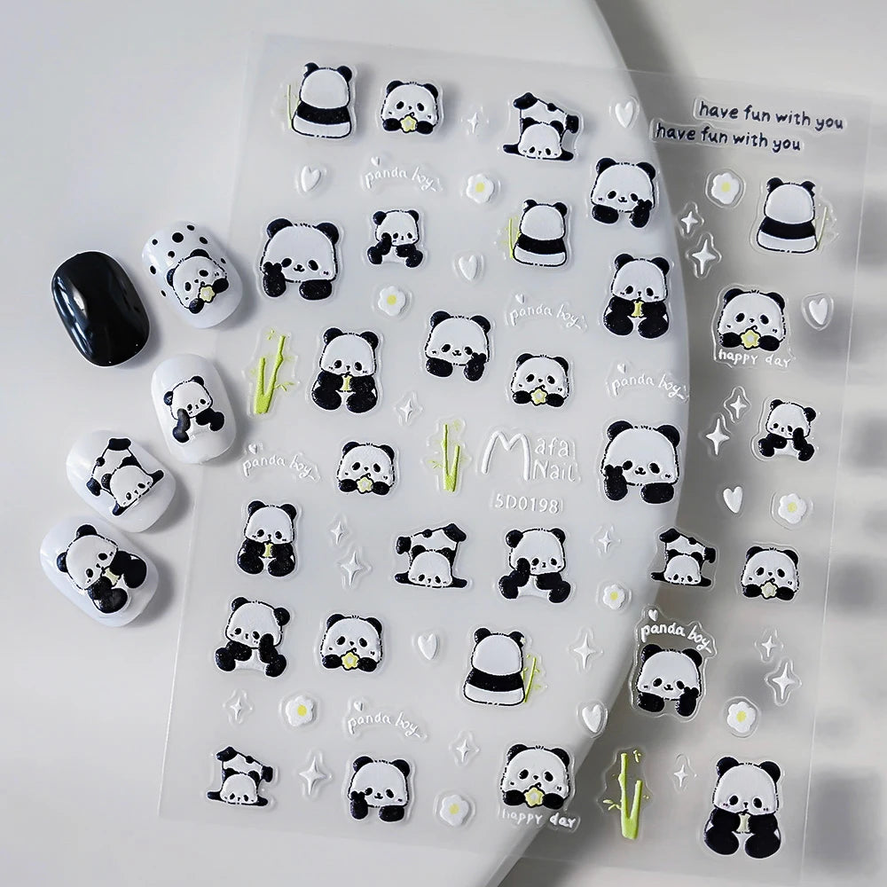 5D Soft-Relief Panda Nagelkunst-Aufkleber, Niedliche Cartoon-Pandabären, die Bambus essen, Selbstklebende Slider, Chinesische Panda-Nageldekorationen