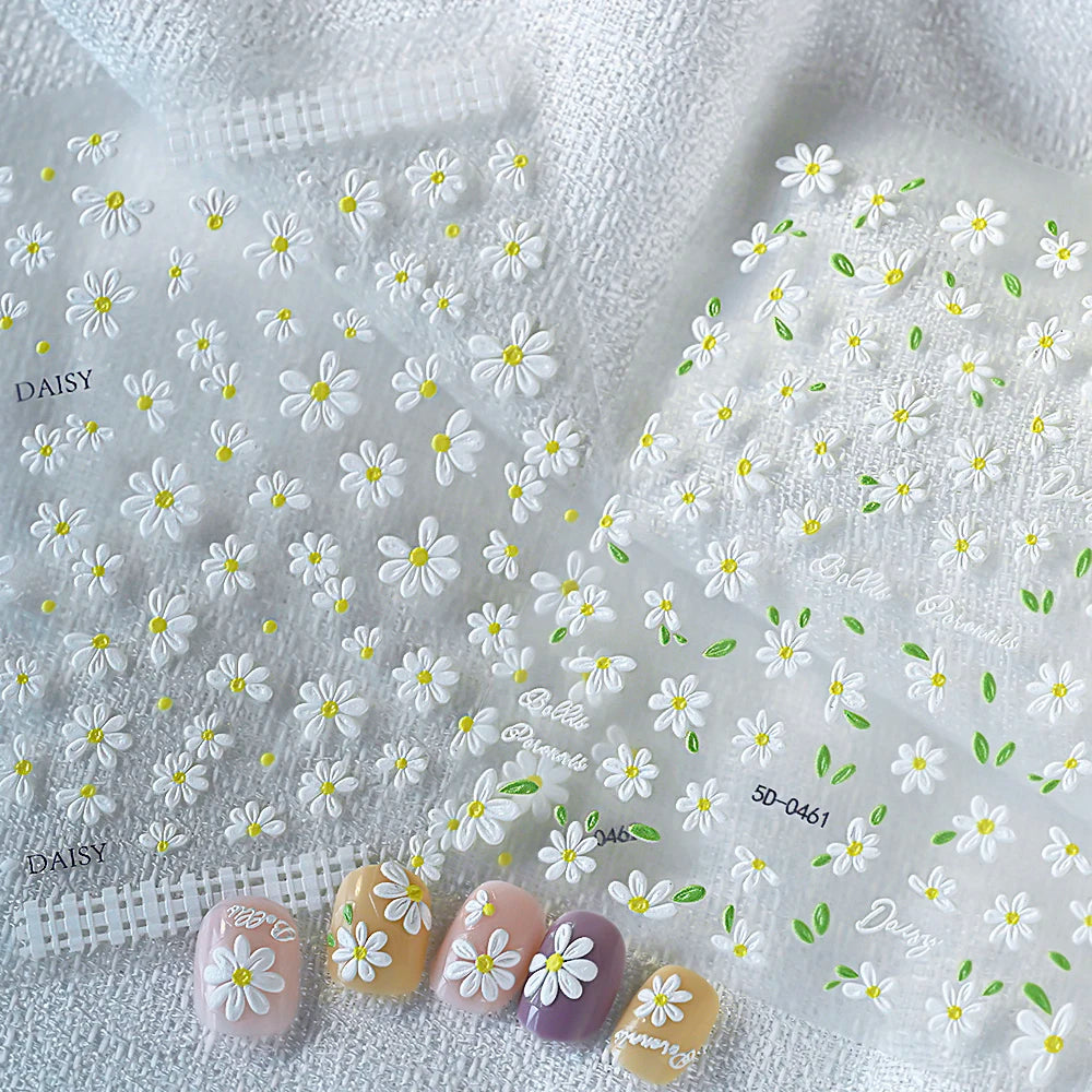 5D süße weiße Gänseblümchen Nagelaufkleber Kawaii Blume grünes Blatt Gänseblümchen japanische Nail Art Dekorationen Abziehbilder DIY Maniküre Zubehör # 9