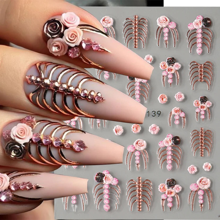 1/2 Stück 5D Skelett Rose Weiße Perle Nail Art Aufkleber Eleganter Modestil Gold Roségold Farben DIY Maniküre Dekoration Tipps