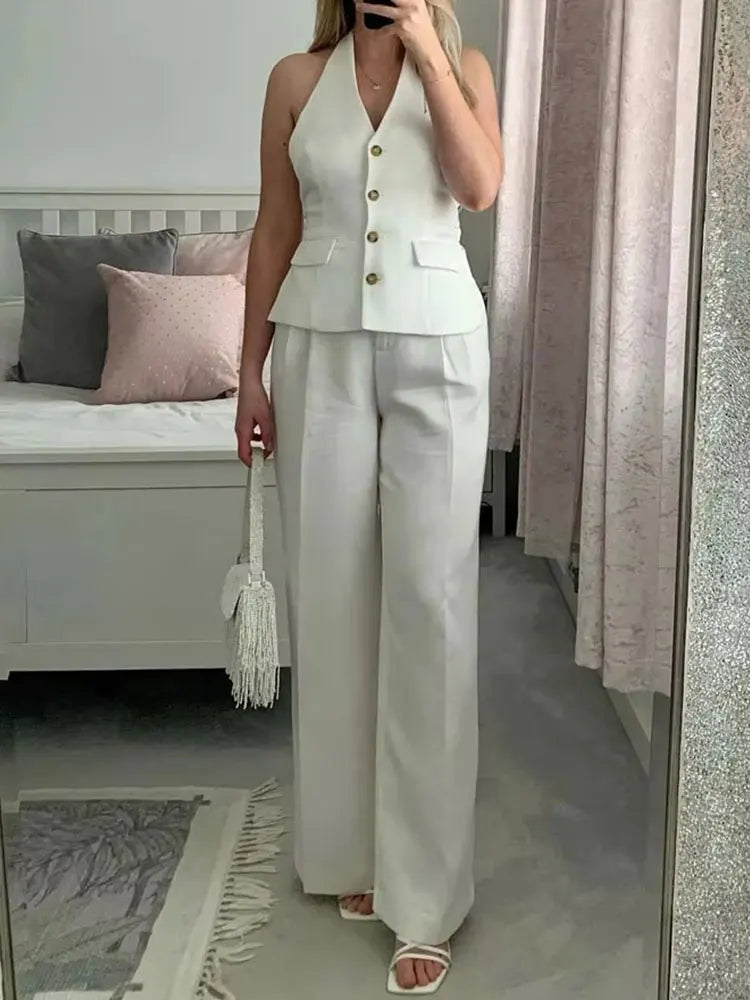 HH Hose-Sets für Damen, modisch, rückenfrei, Knopfleiste, Neckholder, bauchfreie Weste, Oberteil, gerade Hose, Hose, eleganter weißer Anzug, Streetwear