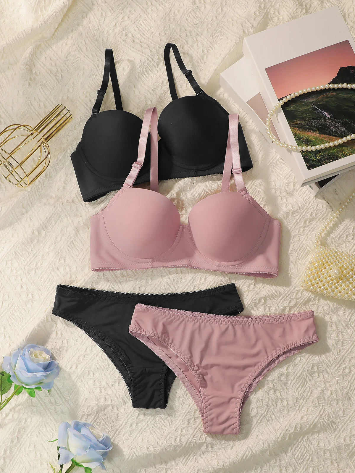 Neues 2-teiliges einfarbiges Dessous-Set Damen-Stahl kragen Push-up-BH Damen-Dessous-Unterwäsche Tägliches BH-Set j2611