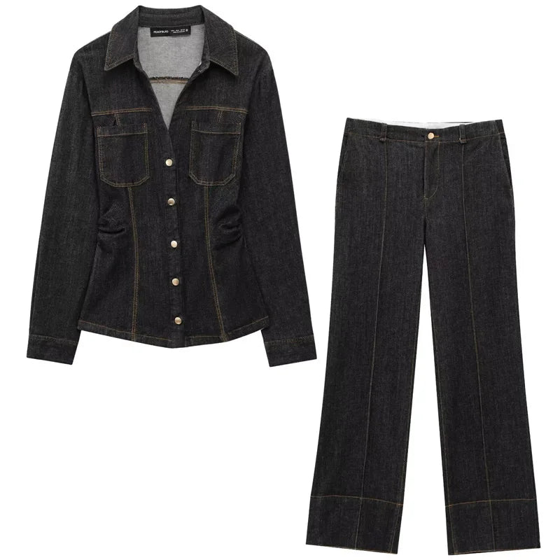 HXAO Schwarze Denim-Hosen-Sets für Damen, zweiteiliges Set, schmales Langarm-Shirt, 2-teiliges Set, Damen-Outfit, ausgestelltes Hosen-Set mit hoher Taille