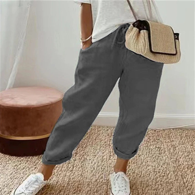 Einfarbig Kordelzug Elastische Taille Frauen Hosen Sommer Plus Größe Beiläufige Breite Bein Hosen Weibliche Lose Elegante Oversize Hosen