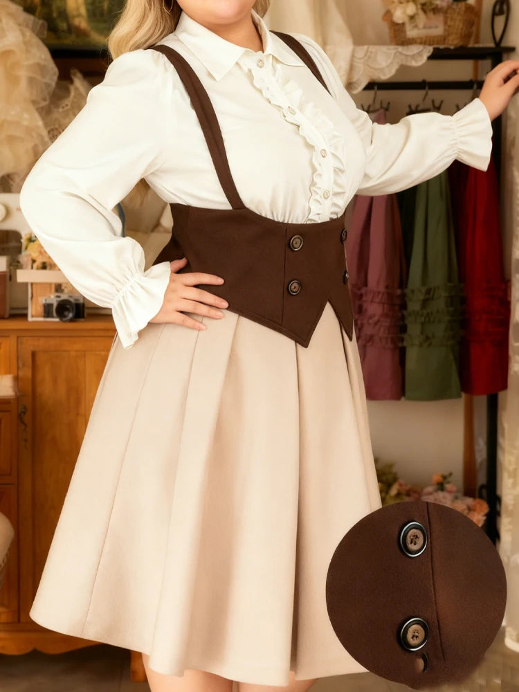 Limitierter Ausverkauf Plus Size Damen-Retro-Rüschenhemd mit hoher Taille, zweiteiliger Anzug, britischer Knopfweste, A-Linien-Rock