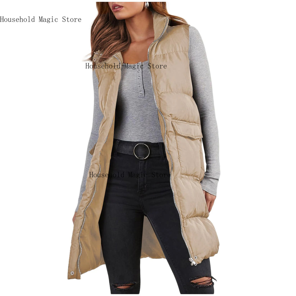 Lang mit Kapuze, Outdoor-Weste, Daunenjacke für Damen, gesteppter Mantel, ärmellose Jacke, leichte Winterpullover