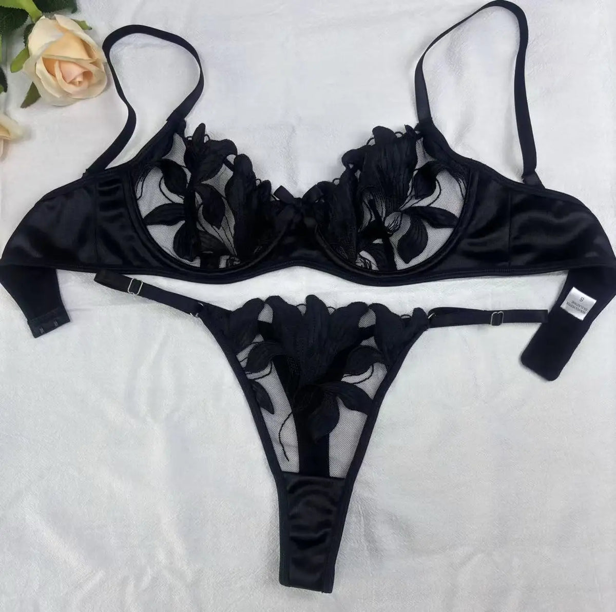 Damen-Set mit Blumenstickerei, Push-Up-BH und Höschen, 2-teiliges sexy Dessous-Set, transparente Bralette-Unterwäsche mit Bügel