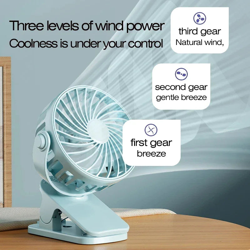 Leiser Mini-Clip-Ventilator, 720° drehbarer Kopf, USB-Aufladung, Nachtlampe, tragbarer Kühlventilator für Büro, Zuhause, Camping, Outdoor