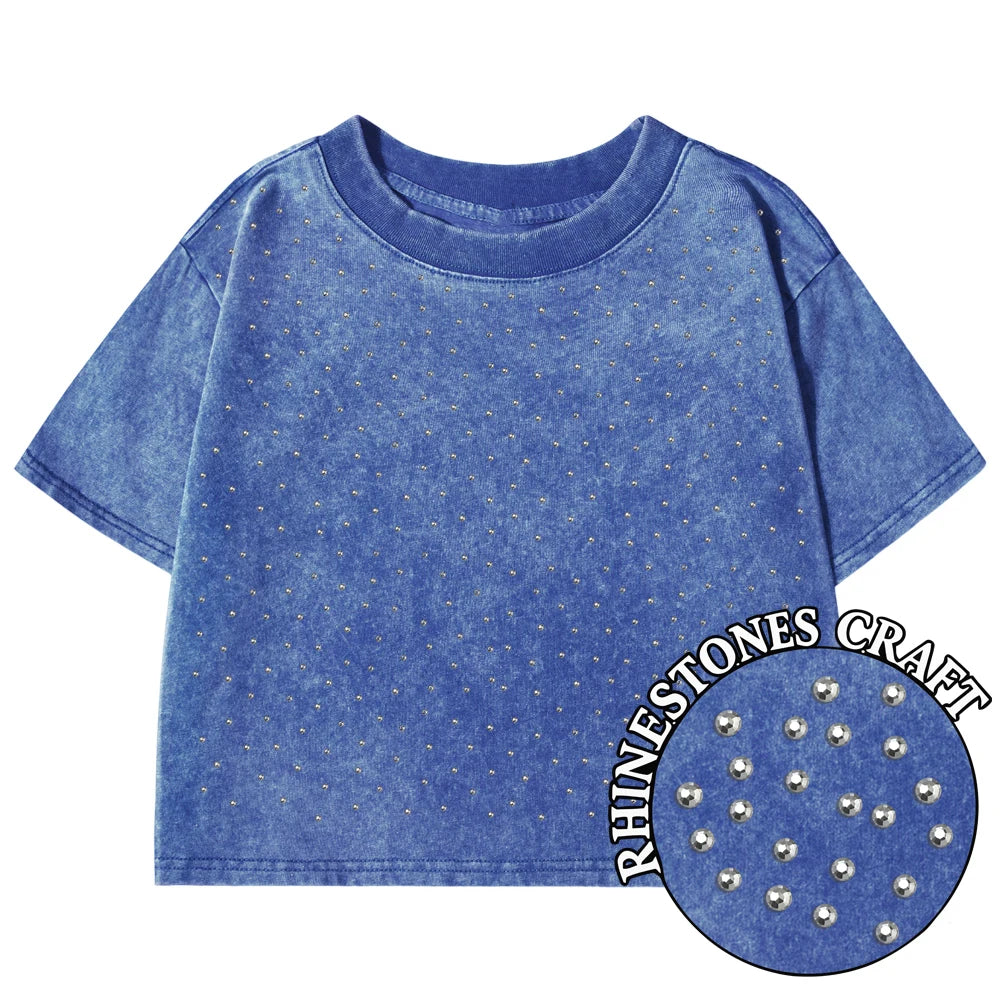 Einfarbiges Slim-Fit T-Shirt für Damen, Modisches Weiches Baumwoll-Shirt mit Strass-Verzierung, Kurzarm, Coole Kleidung für Frauen