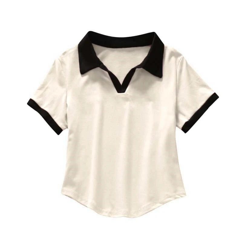 2026 Frühling Sommer Sexy Crop Tops Damen Farbblock V-Ausschnitt Kurzarm Poloshirt Schick Slim Fit Vielseitiges T-Shirt