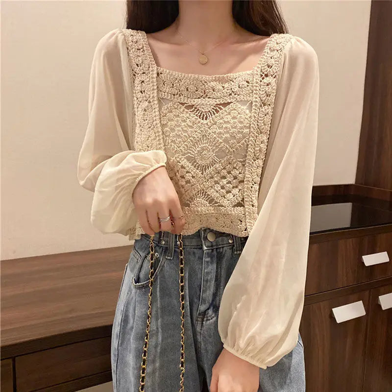 2026 Sommer Langarm Vintage National Trend Damenbekleidung Ausgehöhlte Spitze Patchwork Chiffon Hemden Damen Blusen Großhandel