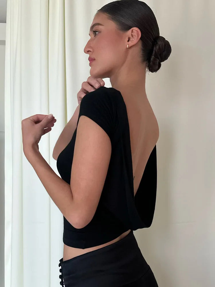 Frauen O Hals Kurzarm Backless Geraffte Crop Top Y2K Streetwear Sommer Frühling Casual T-Shirt Dropshipping