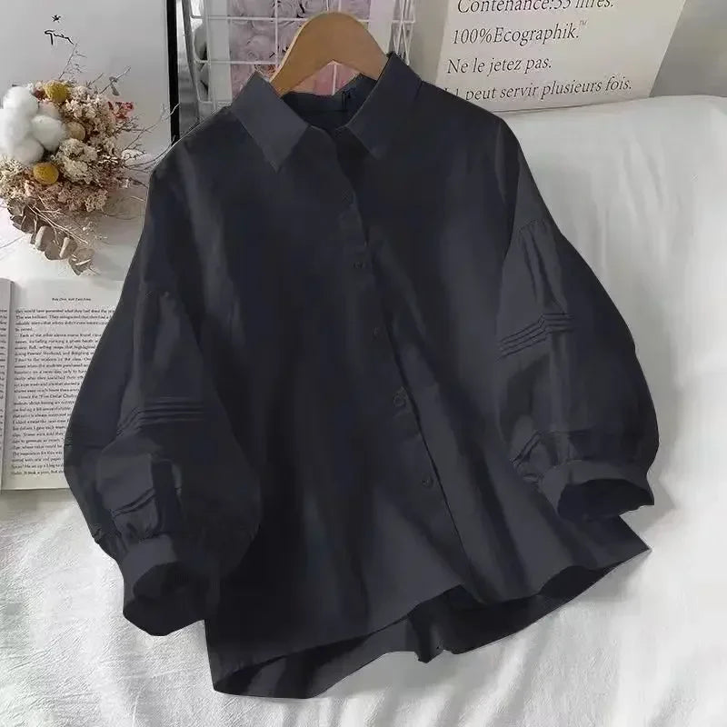 2024 Puff ärmel Hemden Frauen weiß umdrehen Kragen adrette Sinn für Design schicke weibliche Tops koreanische Mode einfache Sommer bluse