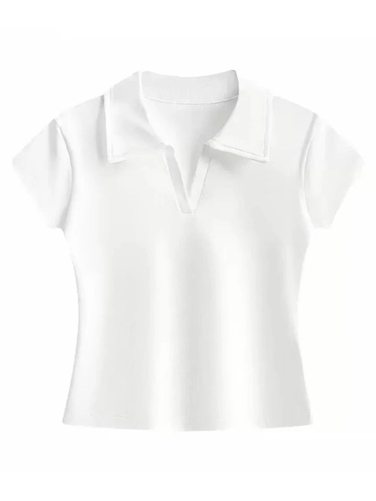 Minimalistisches Vielseitiges Casual-Oberteil 2026 Sommer Neu Einfarbig Gerippter Polokragen Damen T-Shirt Koreanischer Stil Schlankes Kurzarm-Shirt
