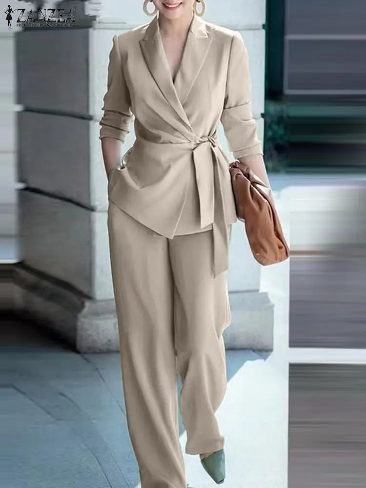 Zanzea Herbst elegant ol Arbeits anzug Frauen Blazer & weites Bein Hose Sets Mode 2 Stück Trainings anzüge Damen Büro Outfits Overs ize 2024
