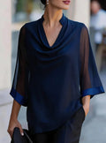 Dreiviertel-Ärmel Transparente Satin-Bluse Locker Geschnittener Asymmetrischer Saum Elegante Bürokleidung Damen Freizeithemd