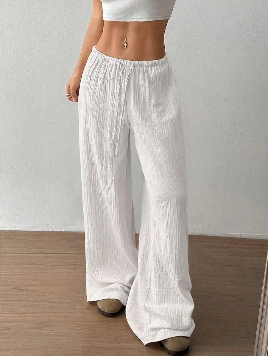 Einfarbige Damen-Freizeithose für Frühling/Herbst mit Kordelzug und geradem Bein, bequem, atmungsaktiv, für Lounge, elegante Reisen, Urlaub, Strand, Freizeithose