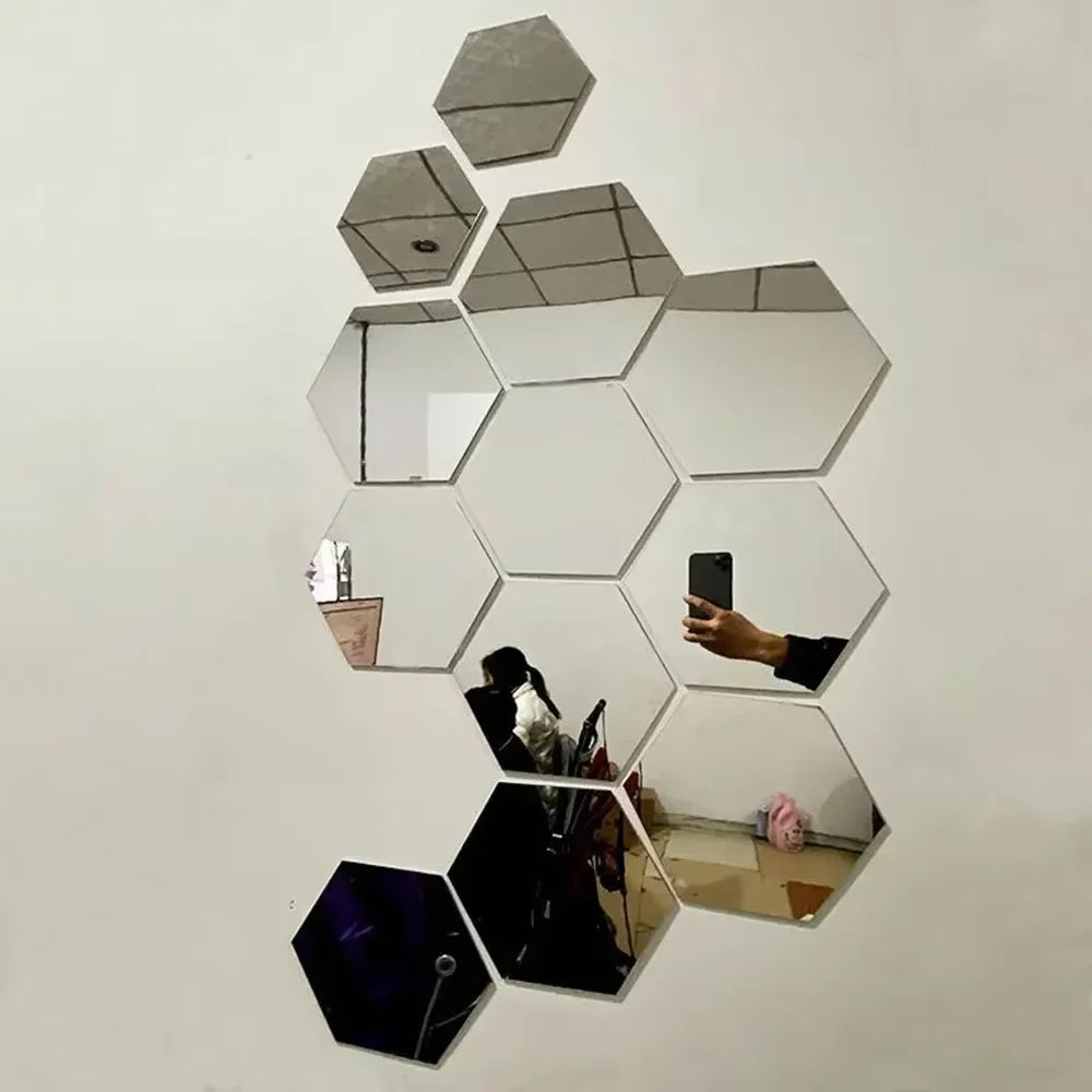 Sechseckige Acryl 3D Spiegel Wandaufkleber Home Decor DIY selbstklebende Spiegelaufkleber Dekor Aufkleber Kunst Wanddekoration groß 6/12 Stück
