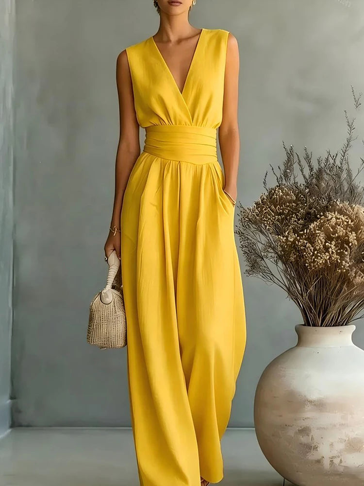 Elegante Damen-Jumpsuits mit hoher Taille, Sommer-Kurzarm-Overalls mit weitem Bein, lässige V-Ausschnitt-Jumpsuits in Unifarben, lockere Streetwear