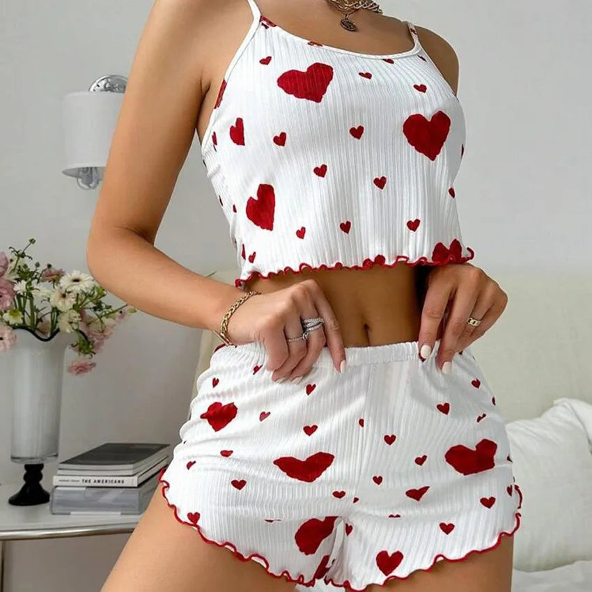 2-teiliges Set für Damen, Pyjama-Shorts, Anzug, Homewear, bedruckte Unterwäsche, Pyjama, sexy Dessous, Unterhemden, Tanks, Nachthemd, Damen-Nachtwäsche