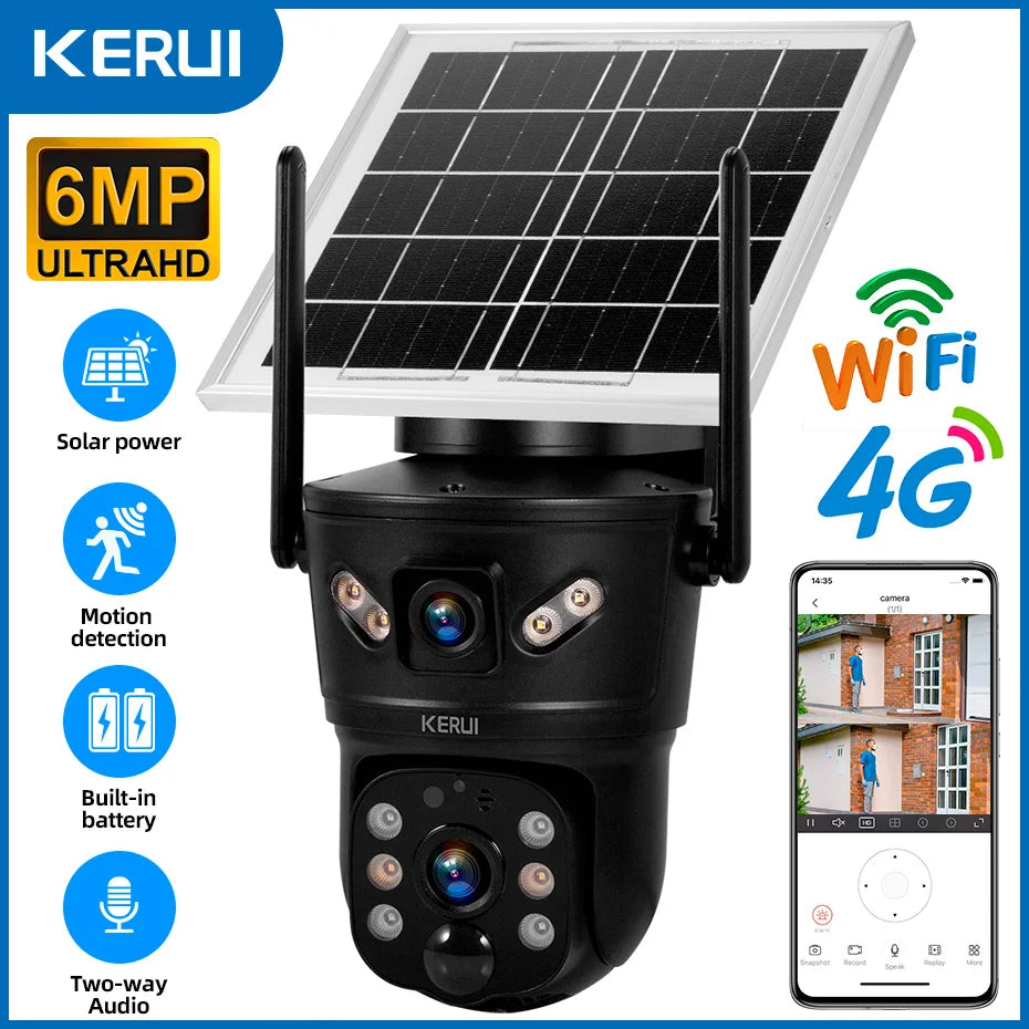 KERUI Outdoor 6MP 4G SIM WIFI Solar Kamera Dual Objektiv Kamera Solar Panel Wasserdicht Home Security CCTV Video überwachung V380